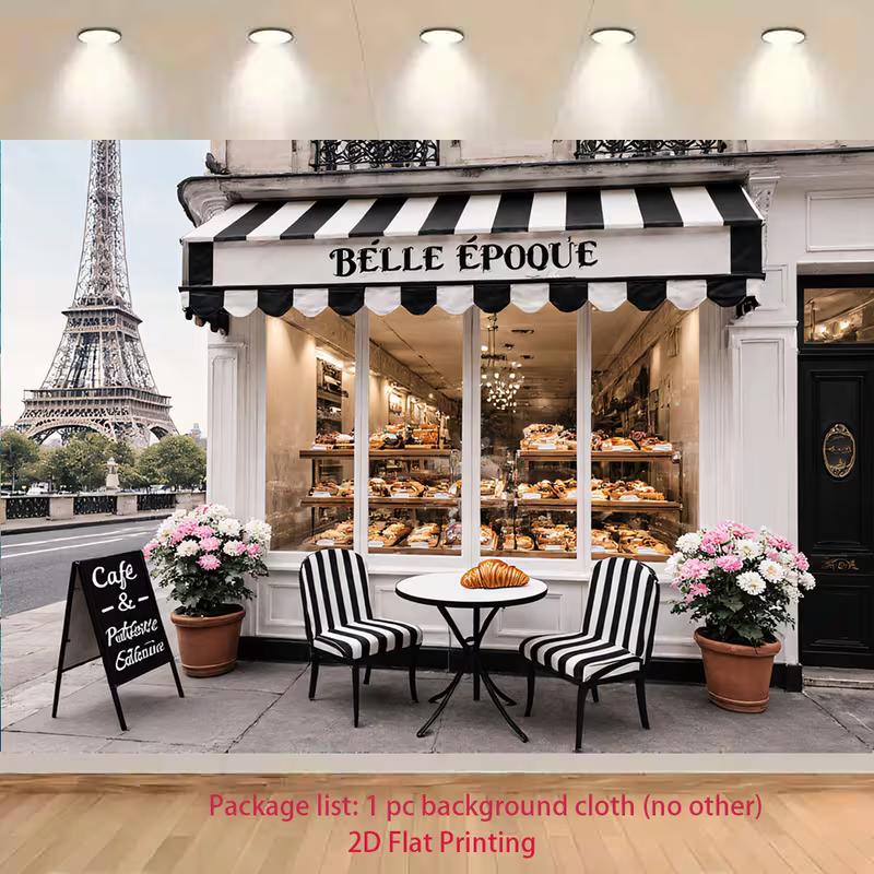 

2D Flat Parisian Bakery Backdrop, Croissant Shop & Eiffel Tower Party Background 47.2x31.5inch/120*80cm