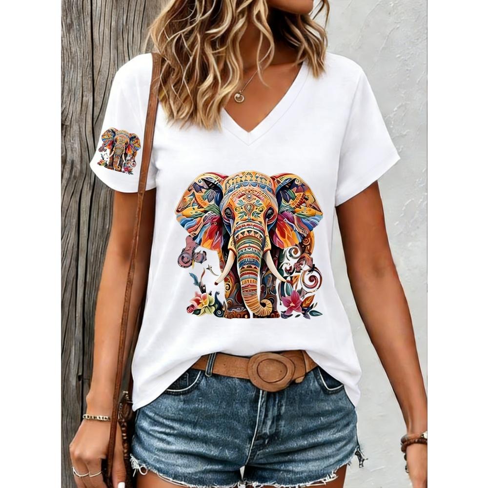 Retro Paisley Texture Animal Elephant Print Women's Summer Elegant Comfortable, Breathable V-Neck Short Sleeved Casual T-Shirt