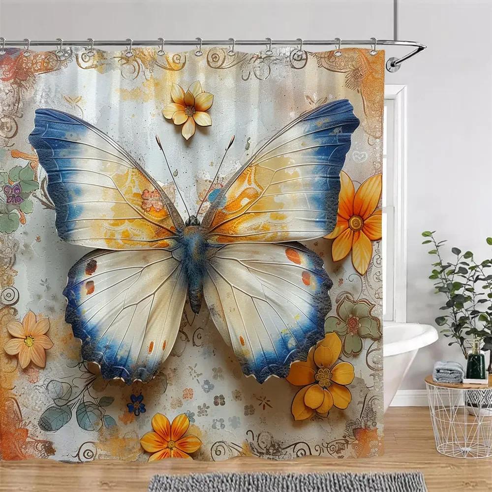 Bohemian Vintage Butterfly Shower Curtain Botanical Floral Astrological Insects Polyester Fabric Shower Curtains Bathroom Decor