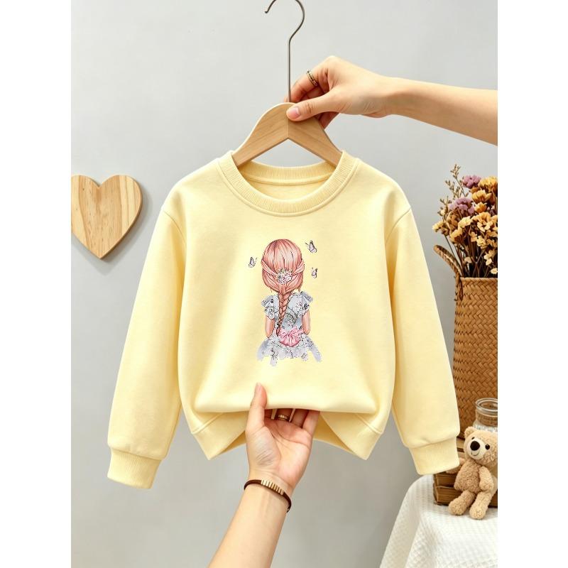 Kids Girls Crewneck Sweatshirt, Watercolor Braided Girl Back View With Butterflies Floral Dress Print Light Pink Soft Fleece Pullover