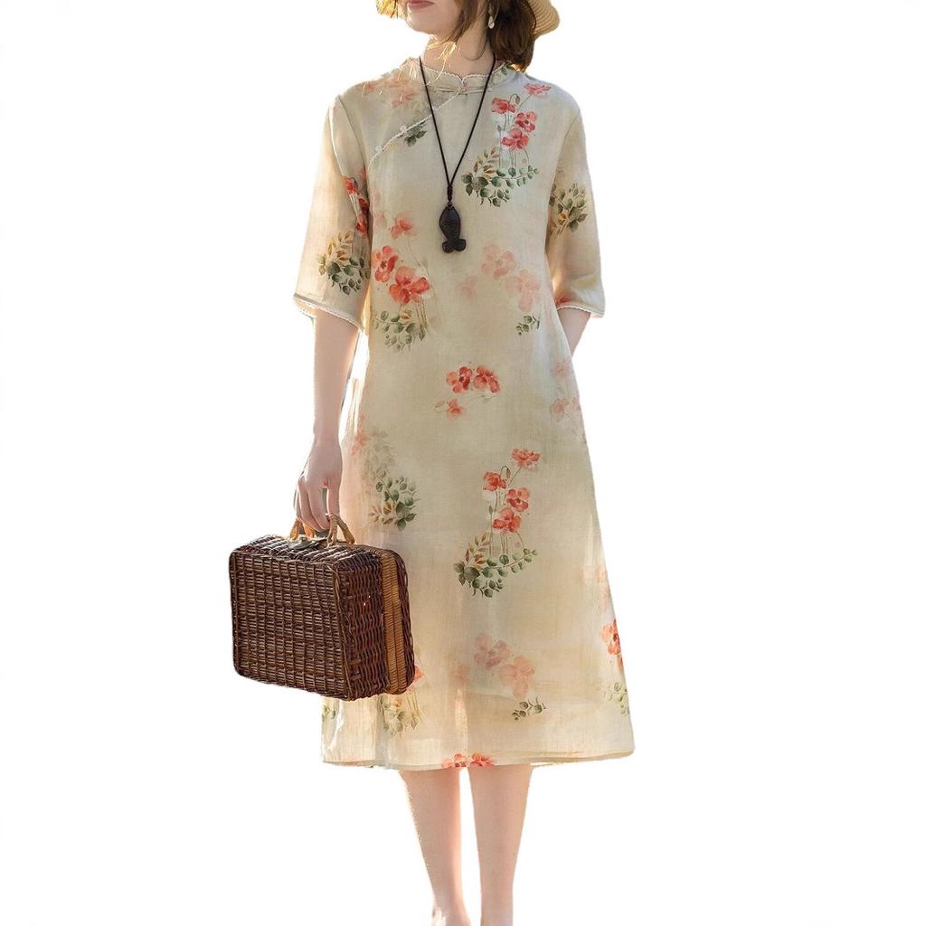 Light cotton and linen stand-up collar improved cheongsam dress for women, retro diagonal placket design printed short-sleeved skirt