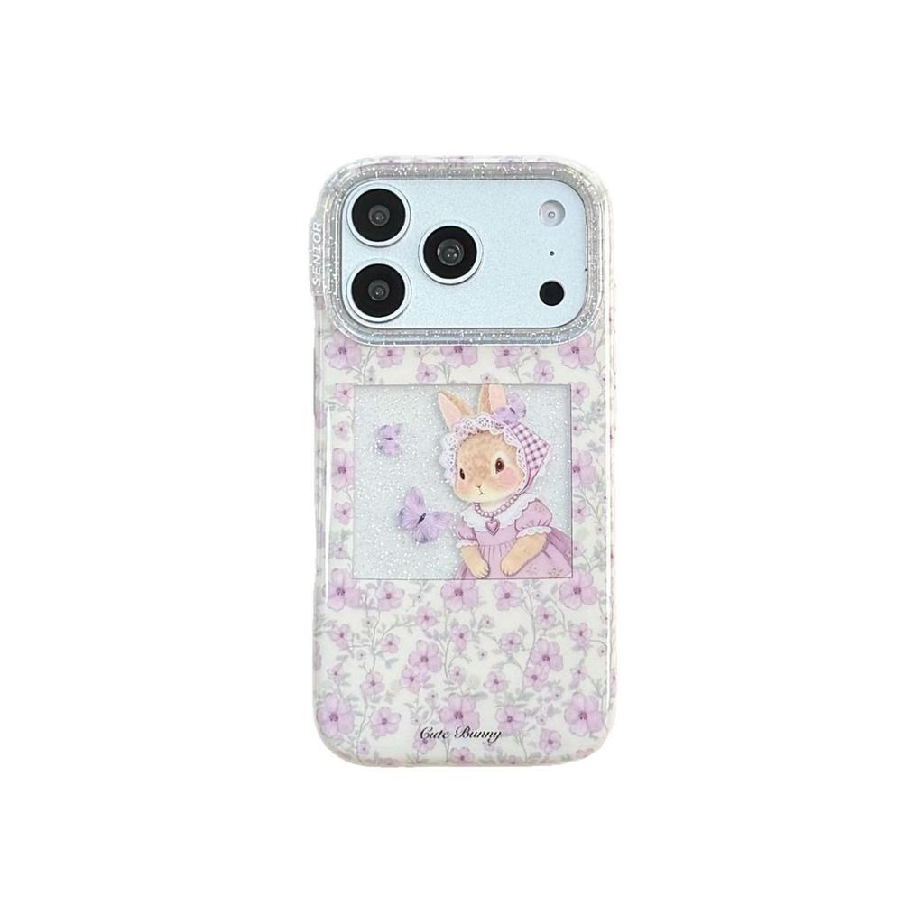 Purple Floral Rabbit Chain Case for iPhone 15/14/16/17 Pro Max