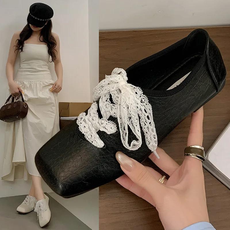 Fashion Casual Woman Shoe Modis Elegant Square Toe Female Footwear 2025 New Dress Comfortable Summer Lace-Up Rubber Sewing Leisure PU Fl