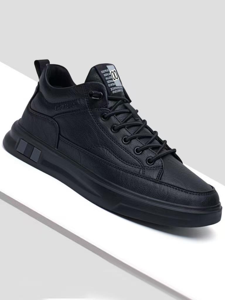 Waterproof Black Leather Lace-up Casual Men's Board Shoes: Trendy, Versatile, Comfortable.