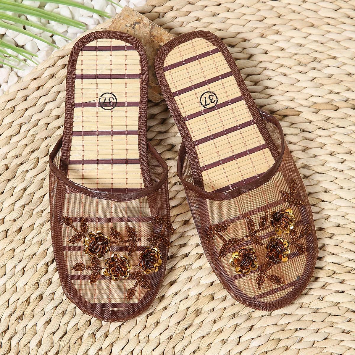 

Обувь для женщин 2025 Горячая распродажа Женские шлепанцы Баотоу Кристальные цветочные Повседневные шлепанцы Женские Новые сетчатые шлепанцы на плоской подошве Zapatos 41 коричневый