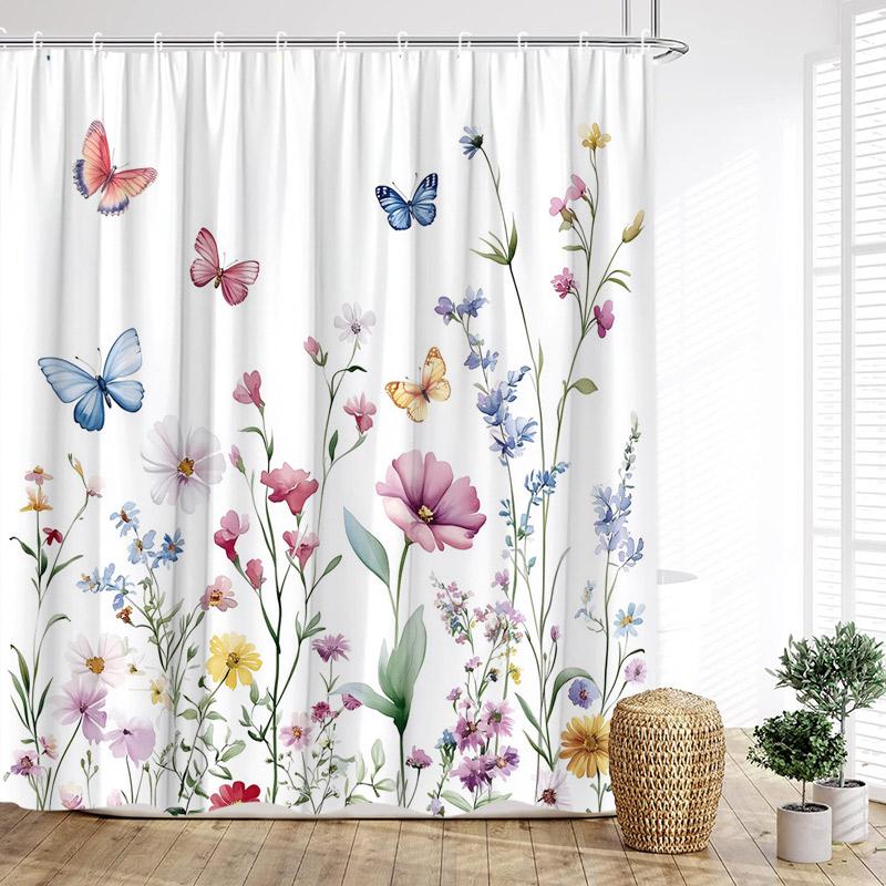 Colorful Floral Shower Curtain Watercolor Flower Leaves Modern Minimalist Bath Curtain Polyester Cloth Bathroom Decor with Hooks