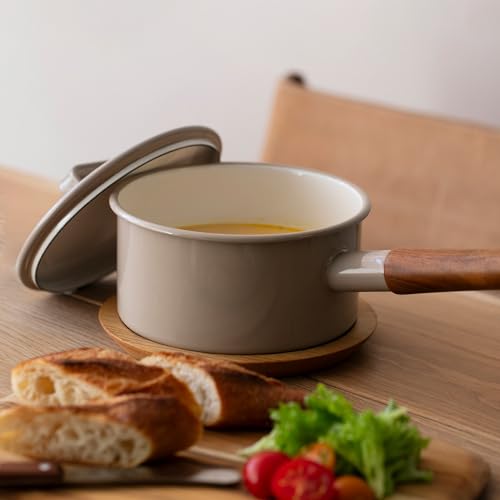 365methods 16cm Enamel Saucepan with Lid, Compatible with IH and Gas, Cafe au Lait, YY-16S.BE
