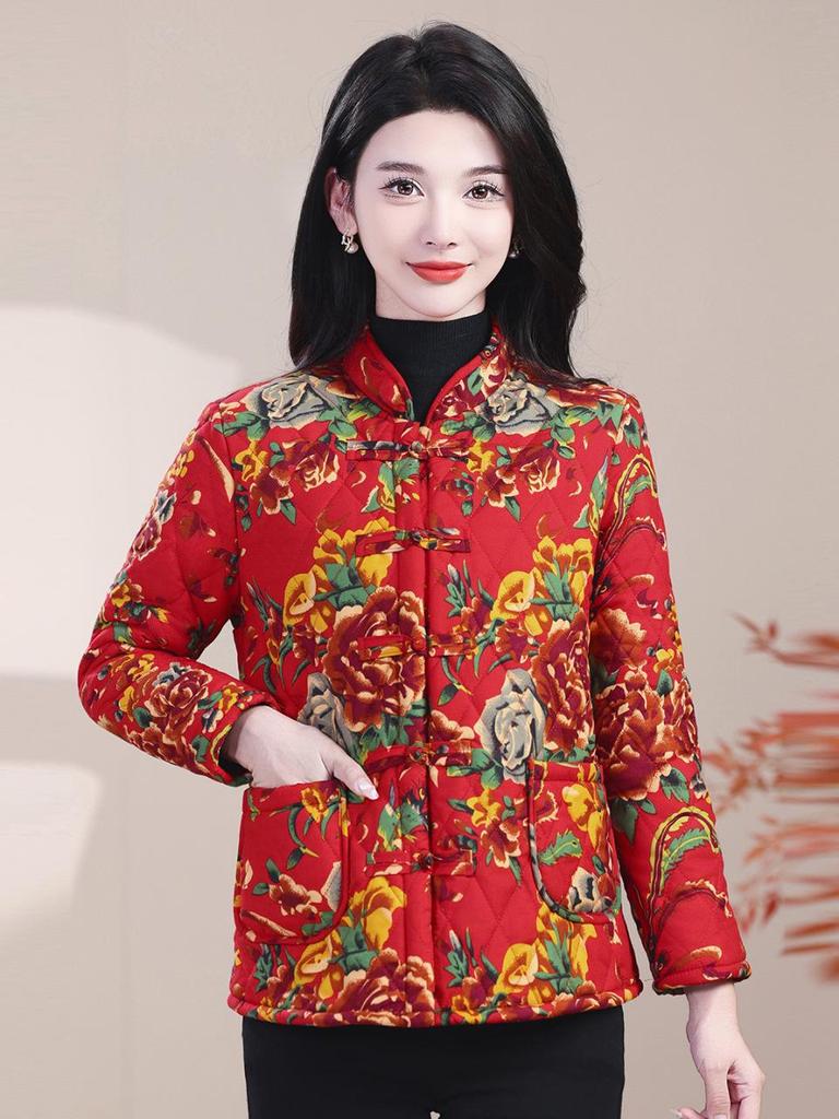 Northeast Women's Thick Floral Cotton Jacket, Plus Velvet, 2025 Winter Yangge Dance Buttoned Performance Costume