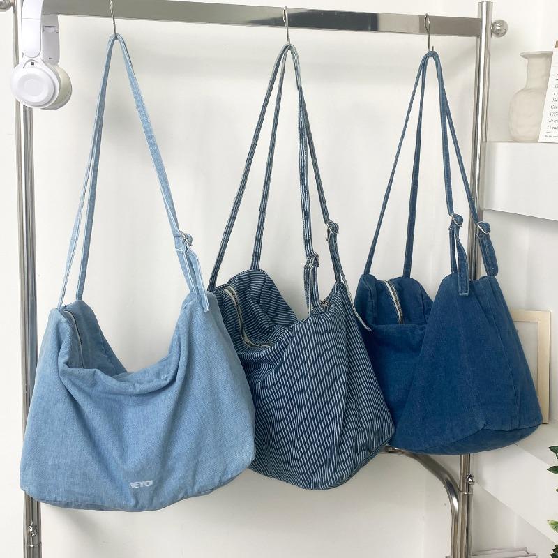 Early spring new large-capacity denim shoulder bag fashionable and old retro striped underarm bag versatile hobo bag