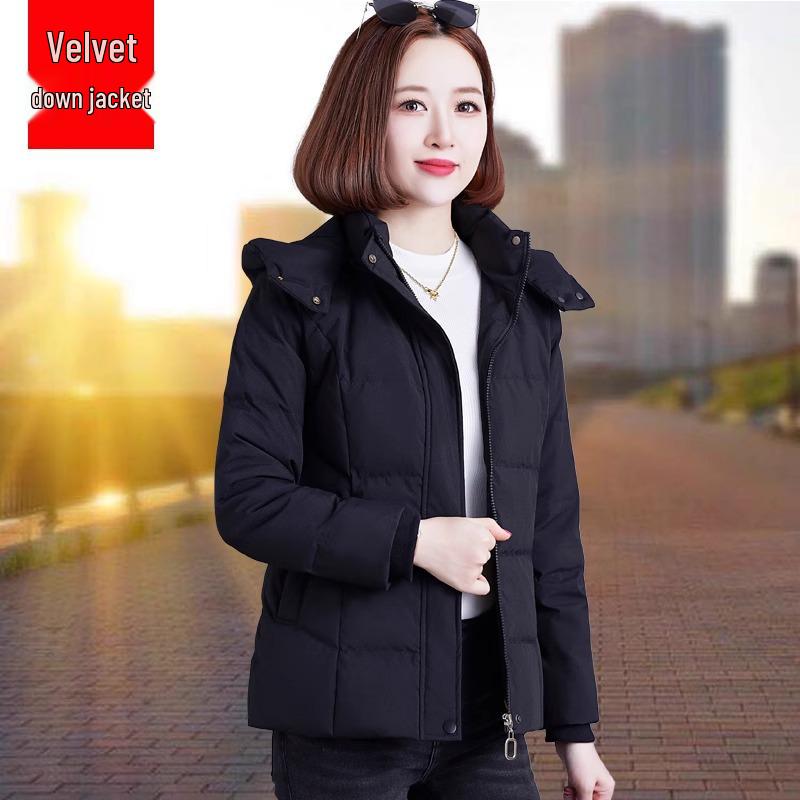 

Женский короткий пуховик зима 2025: Универсальное, Теплое, Пальто из пуха белой утки для женщин среднего возраста. XL (110-125 jin) чёрный