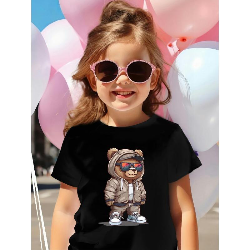 European Size Childrens Crew-neck Short-sleeved T-shirt with Cartoon Bear Pattern Print 98cm чёрный