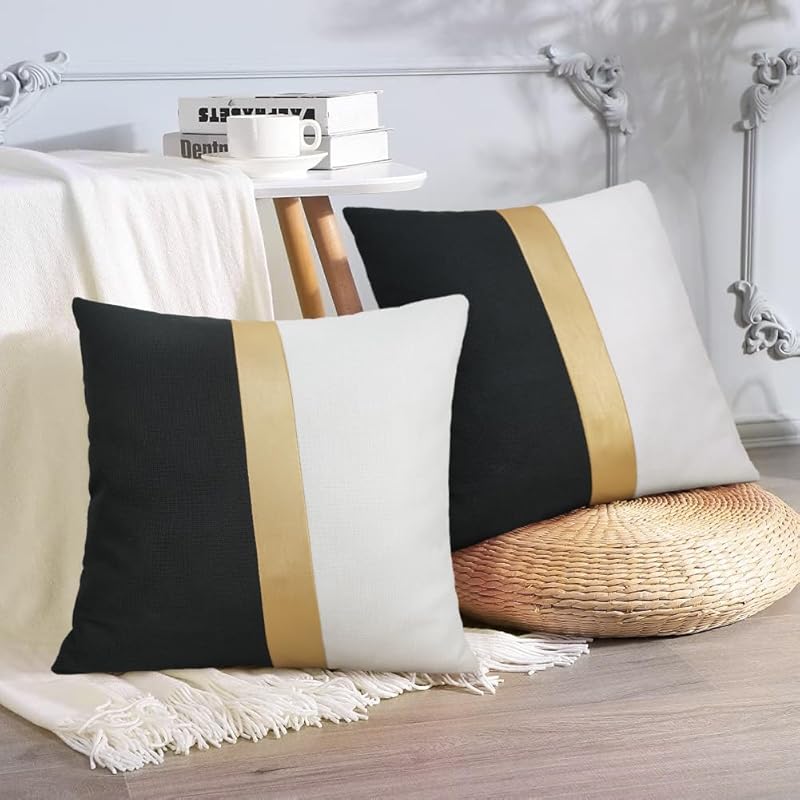Faux Leather and Cotton Throw Pillow Covers 18x18 Inch Set of 2 Black and White Decorative Pillow Covers with Gold Stripe Patchwork Modern Farmhouse