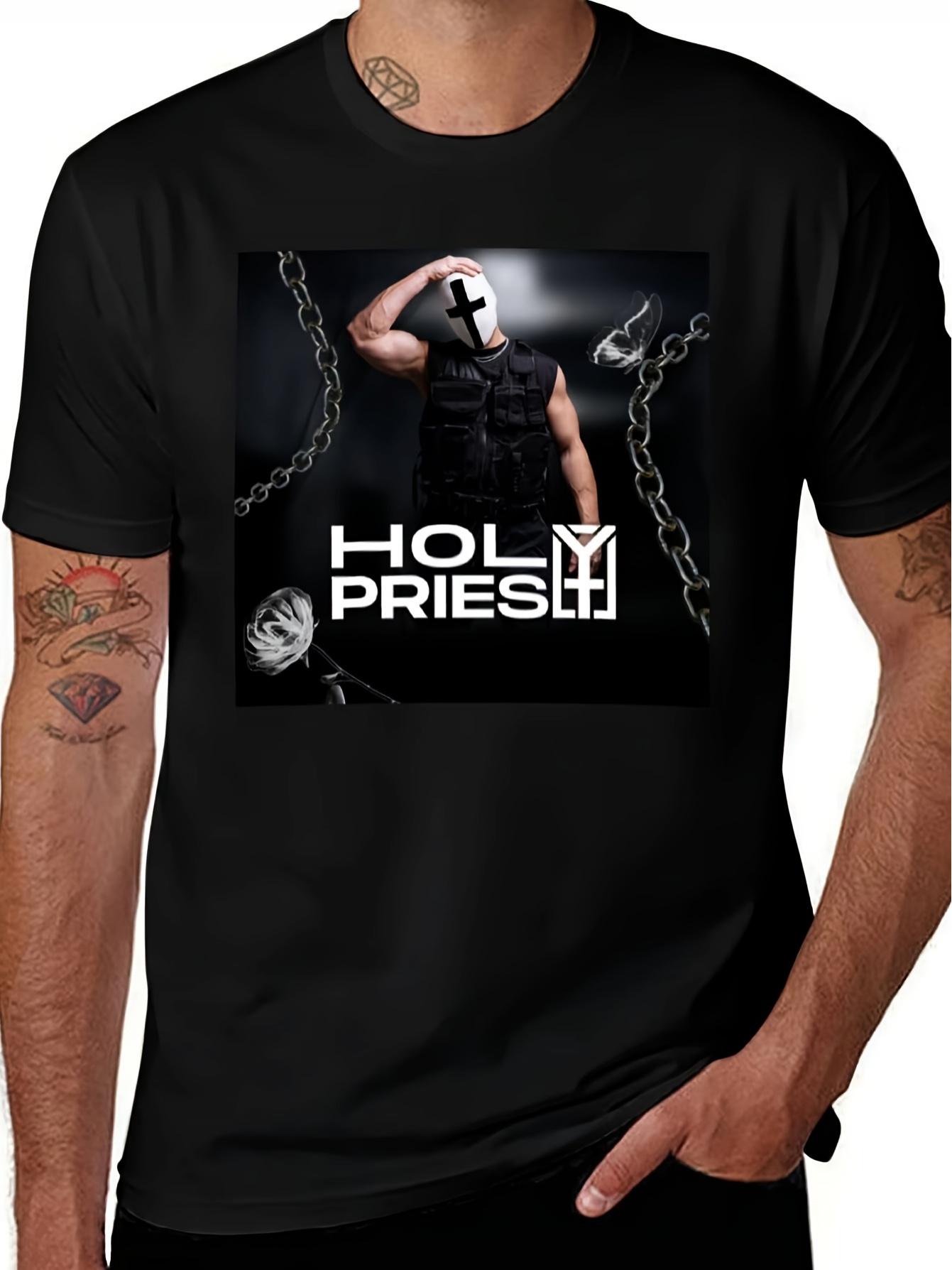 

Essential T-Shirt for Hardcore Electronic Music Raves - Black Gothic Graphic Tee Featuring Chain And Priest Design XXXXL