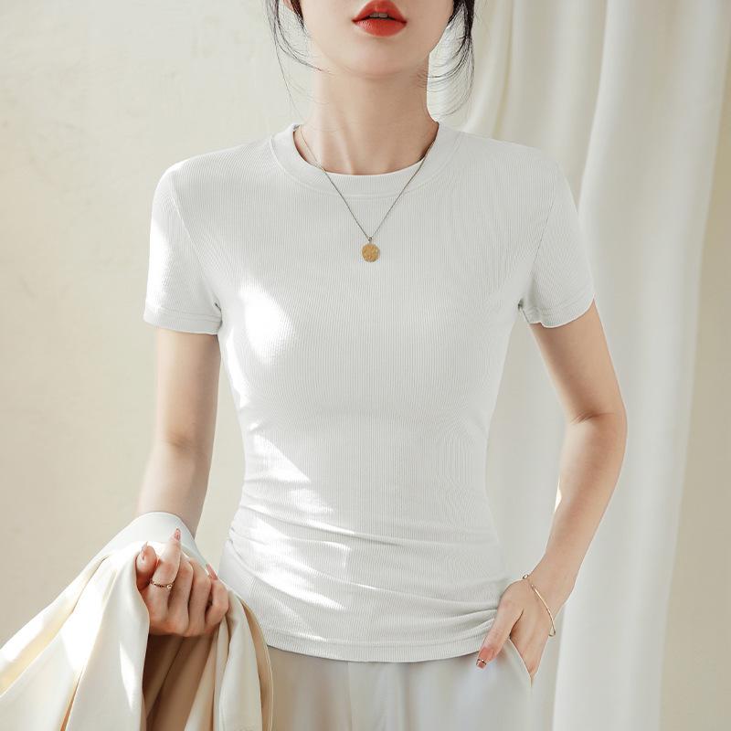 Tricou slim fit cu guler rotund pentru femei 2024 – elastic, cu fir și versatil pentru vară