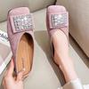Fashion Rhinestone Square Toe Flat Women's Slippers and Ladies Sandals New Fashion Slides On Sale Chic Elegant Low Price Shoes Promotion