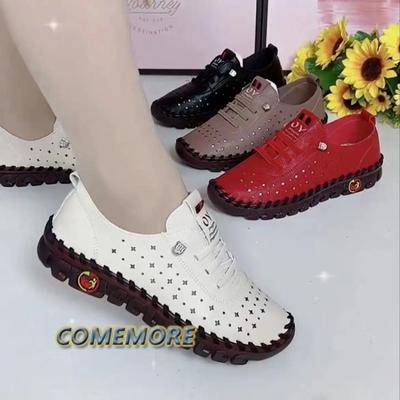 Novos tênis de primavera femininos sapatos plataforma mocassins casuais cadarço couro pu rasos slip-on mãe oco calçados de verão tamanho grande