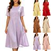 Women's Summer Short Sleeve Button Front Dress Casual A-Line Waist Cinched Round Neck Knee Length Workwear Dress