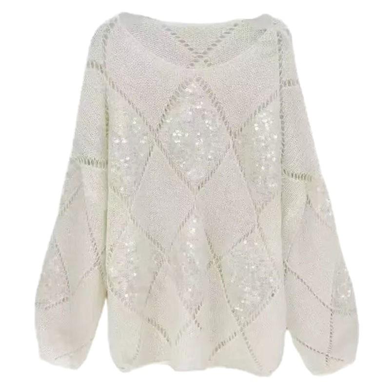 Damen Hohlstrickpullover Pailletten Uni Glitzer Strickbluse Langarm Pullover Blusen Damen Dame Strand Club Outfit
