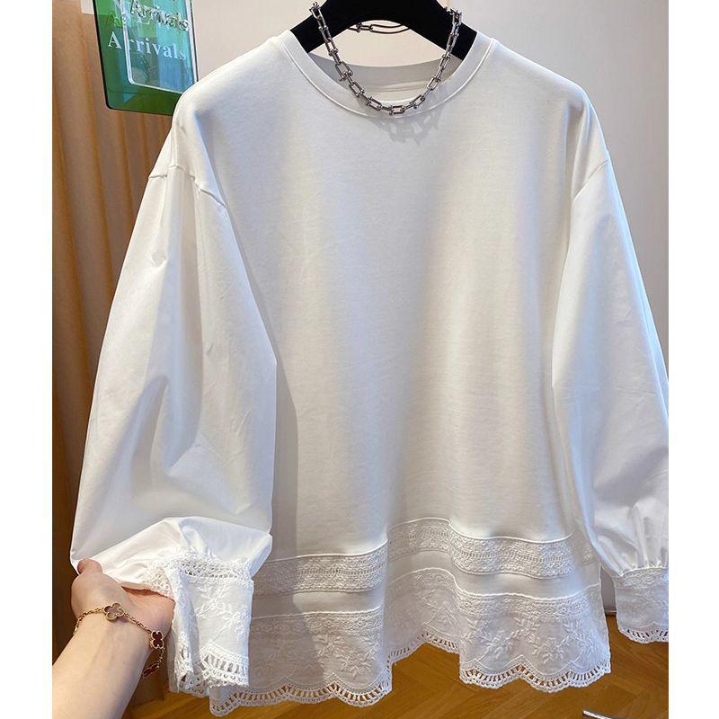 Korean Hollow Lace Patchwork Long Sleeve T-shirt - Women's Autumn/Winter Loose Style Base Layer