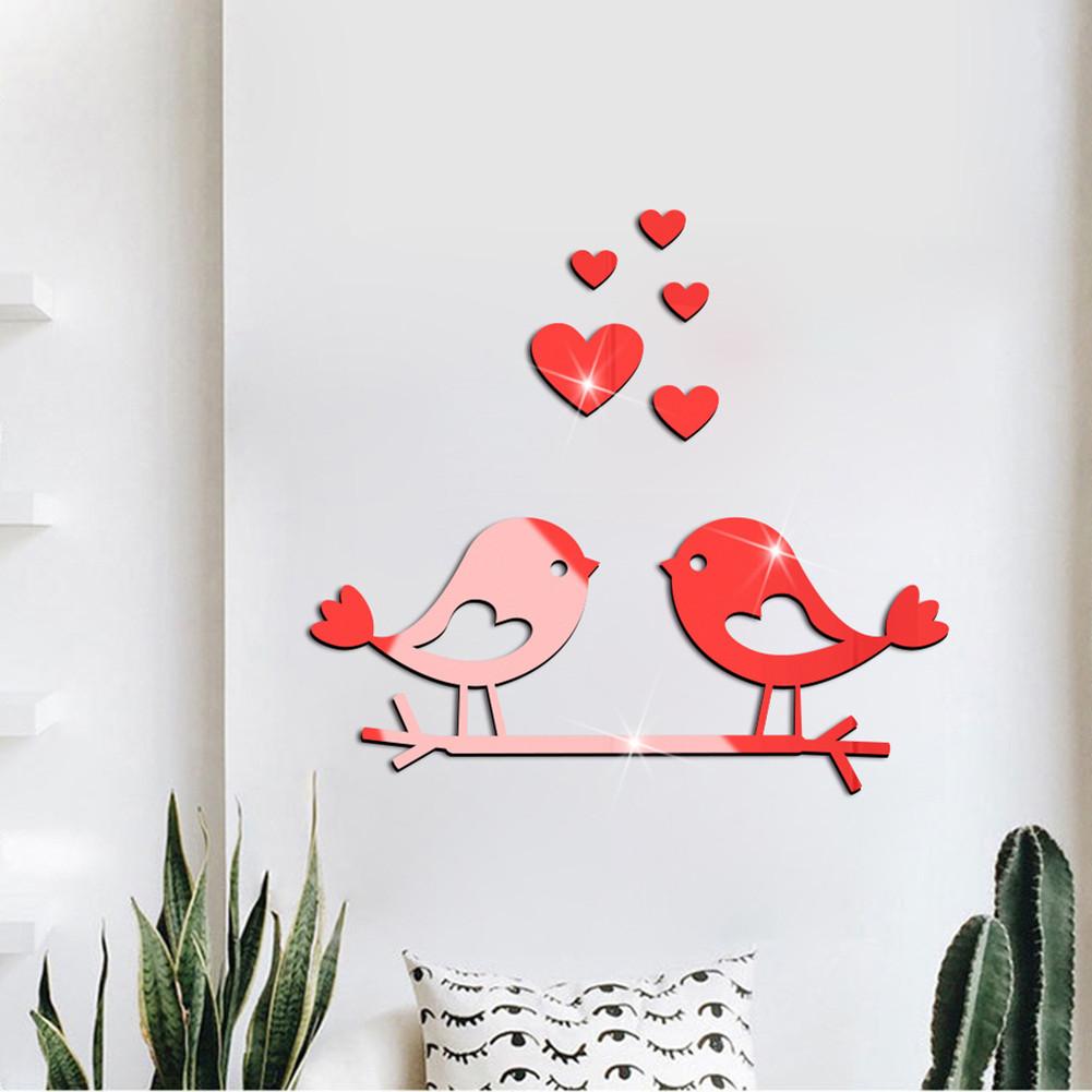Acrylic Branch Bird Love-shape Mirror Sticker 3d Waterproof Self-adhesive Diy Valentine Day Decoration Mirror Wall Sticker