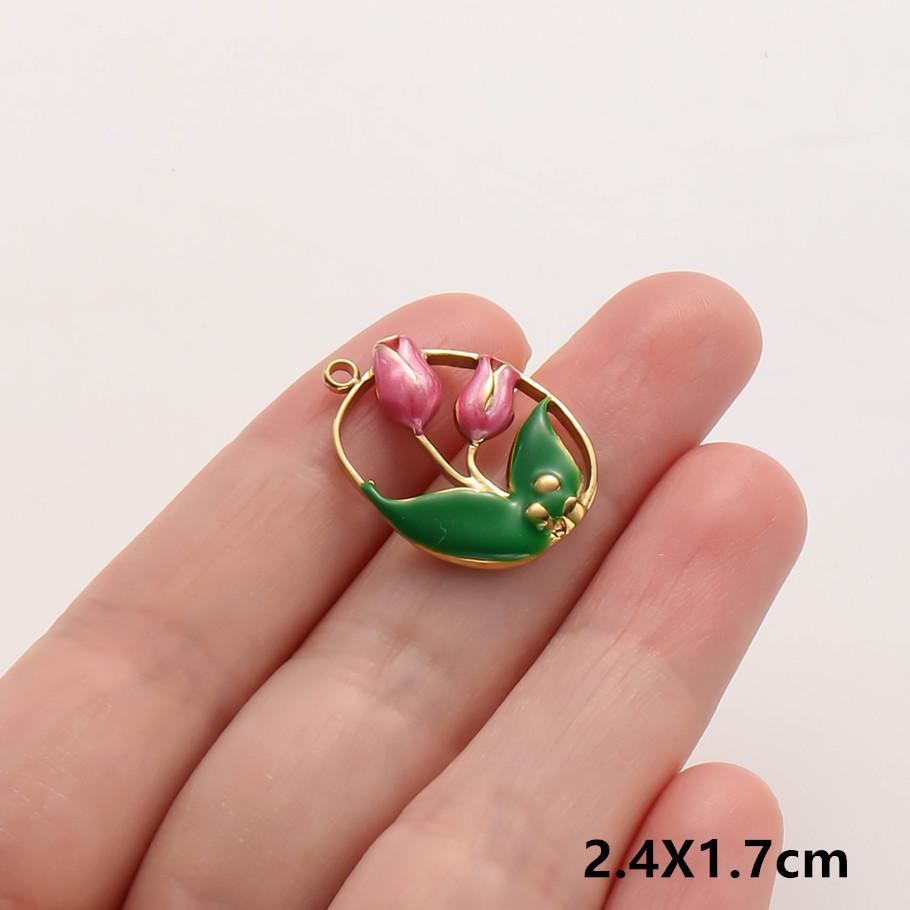 3pc Girl Pendant Hot Pink Oil Dripping Stainless Steel Plant Tree Flower Charm Pendants For Jewelry Making Supplies DIY Keychain