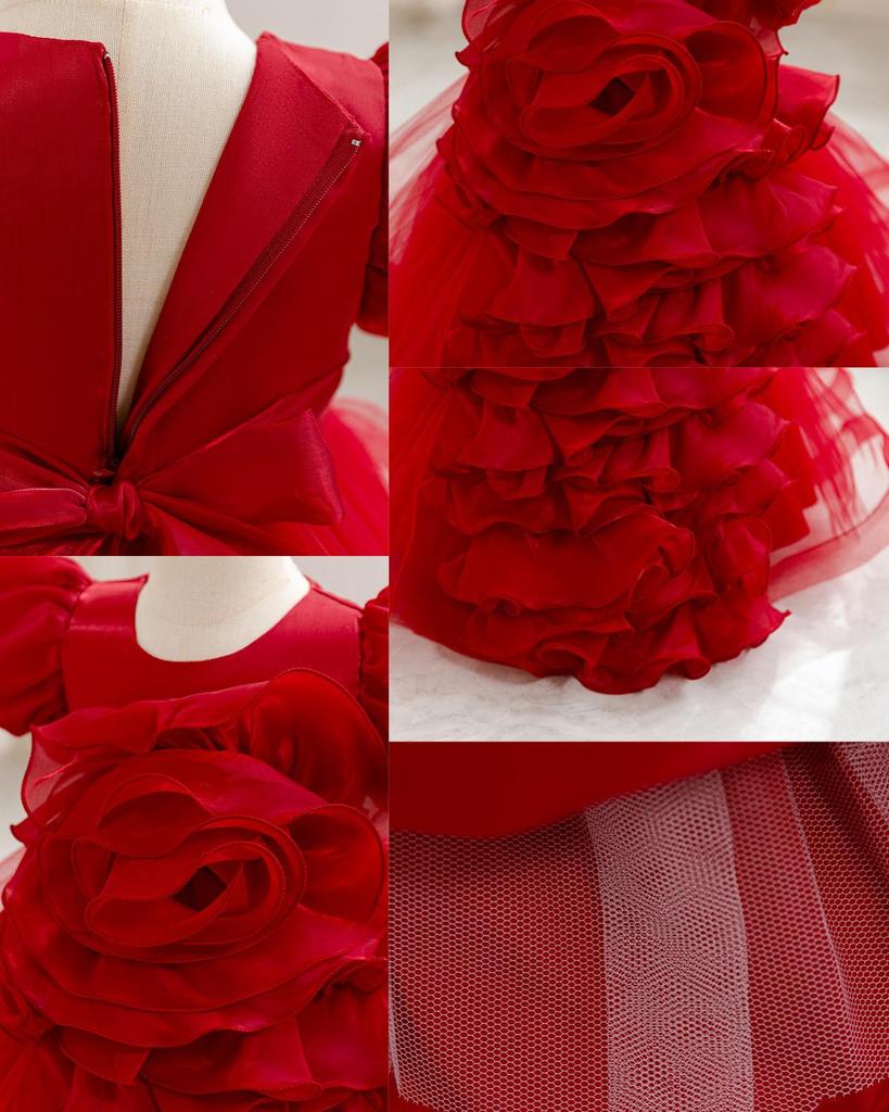 Girls' 3D Flower Princess Dress: First Birthday Puff Sleeves and Puffy Skirt