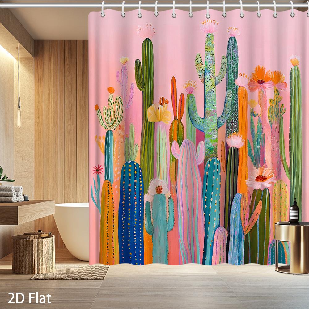 1Pc Desert Botanical Shower Curtain Abstract Cacti & Blossoms In Pink, Teal, Coral On Rose Ground, Print For Bathroom Decor