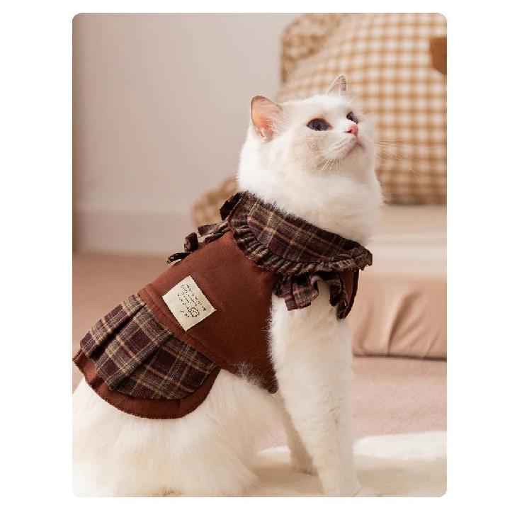 Pet Brown Plaid Dress  Autumn Winter Hoodie Cat Teddy Jacket Dog Dresses Puppy Clothes Draw Comfortable Warm Pet Bow Skirt