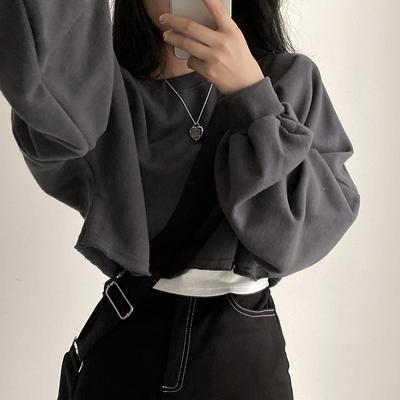 Kurzes Sweatshirt für Damen im Herbst Koreanisch einfarbig Neu Locker Trüffel Rundhals Damenoberteil für Frauen