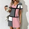 Summer Fashion Women's V Neck Short Sleeve Geometric Lines Pattern Printed  Dress Sex Short Skirt Dresses