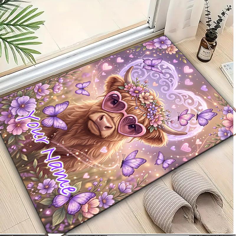 1PC Custom Name Heart, Cow, Flowers, Butterflies Theme Floor Mat Ideal for Living Room, Game Rooms, Office, Bedroom,Floor Mat Playful Design