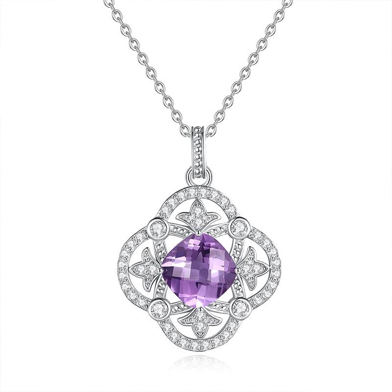 

925 Sterling Silver Clover Pendant Necklace for Women, Natural Garnet/Amethyst/Citrine Crystal, Fashion Jewelry 925 silver
