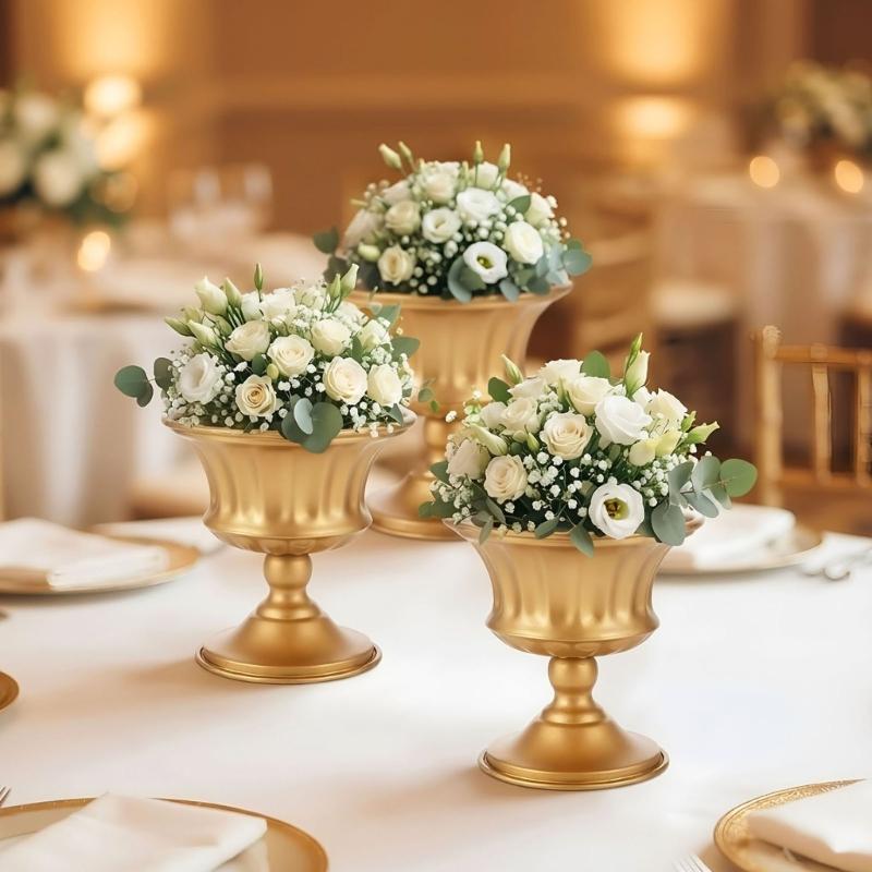 Iron Flower Urn with Fluted Detailing and Wide Raised Base for Wedding Centerpieces and Tabletop Arrangement Displays