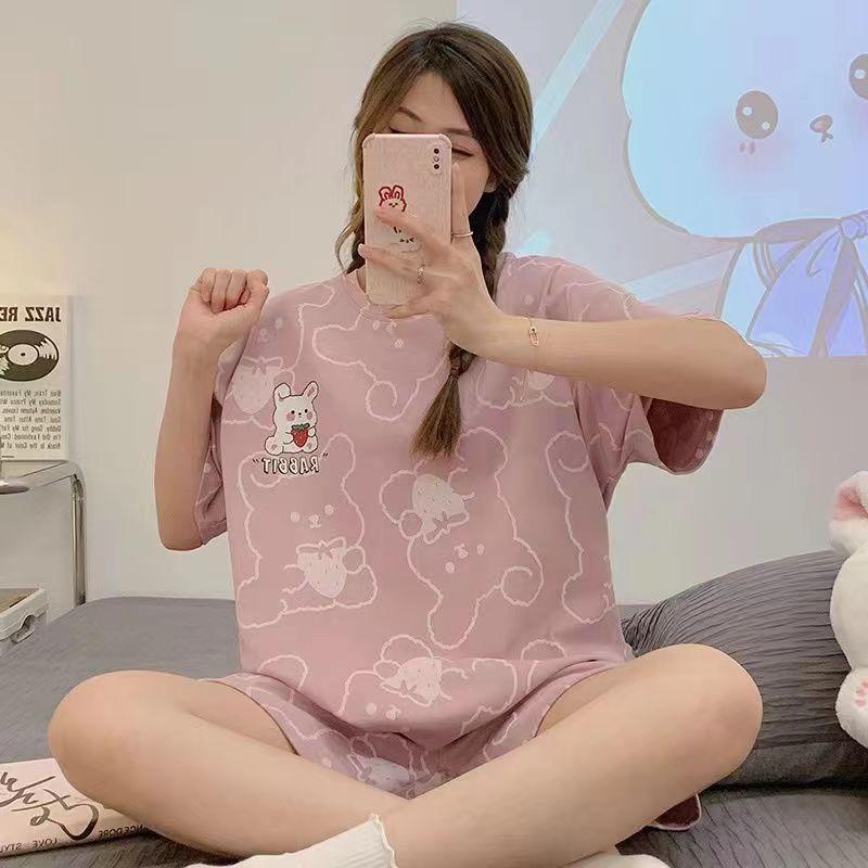 Jährlicher Pyjama Damen Imitationsbaumwolle Kurzarm Zweiteiler, Sommer Damen Erdbeer-Loungewear Kann Draußen Getragen Werden