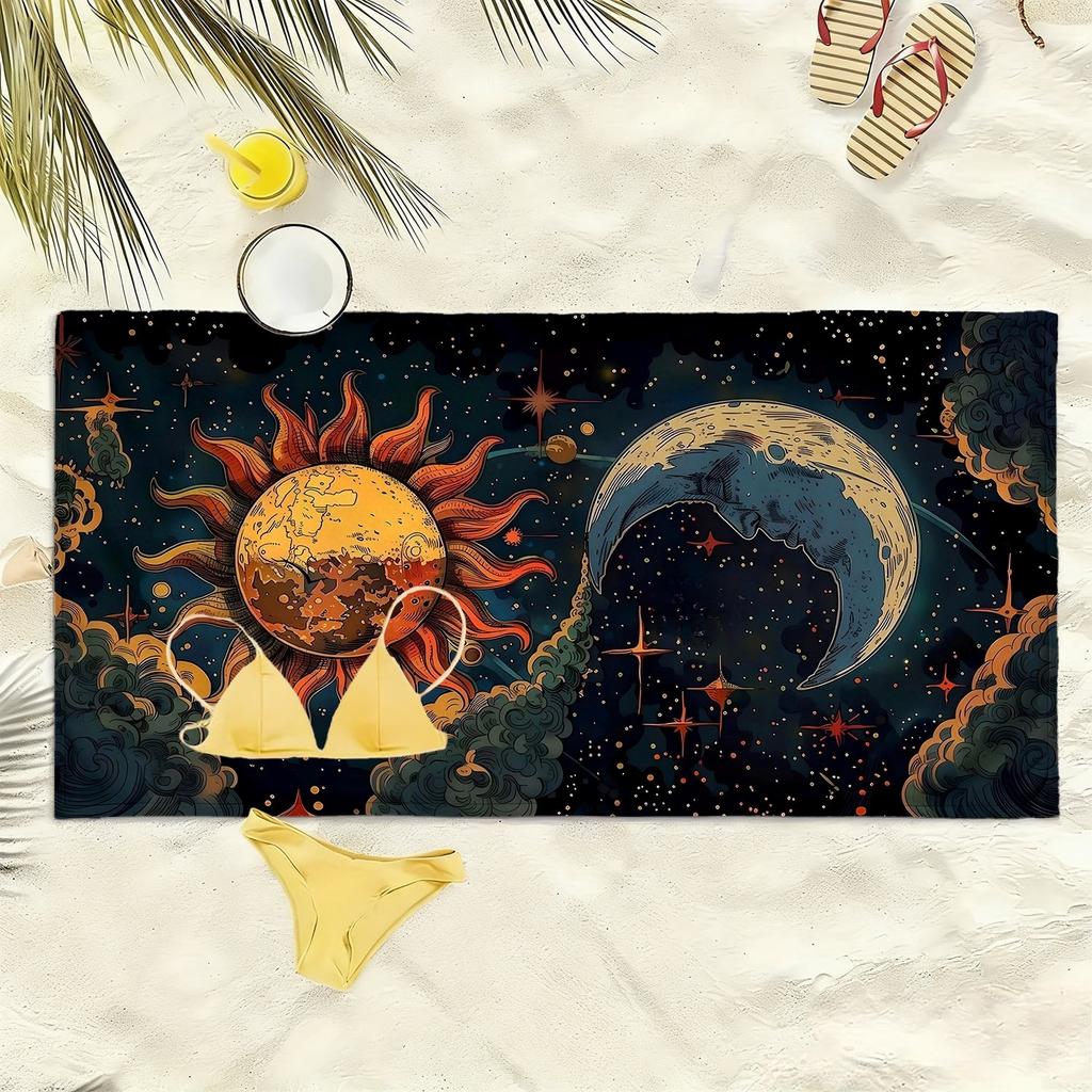 Retro sun, moon and star pattern polyester microfiber beach towel is highly absorbent, suitable for swimming and beach outings