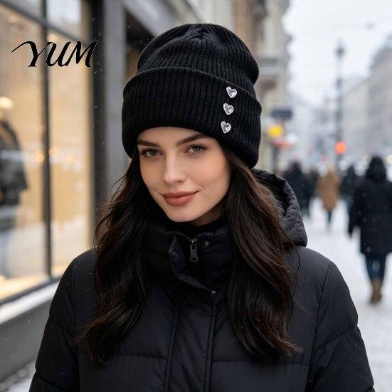 Autumn Winter Outdoor Headgear Heart Rhinestone Knitted Hat, Women Glitter Warm Cuffed Skull Cap with Rhinestones Stretchy Knit for Daily Street Wear