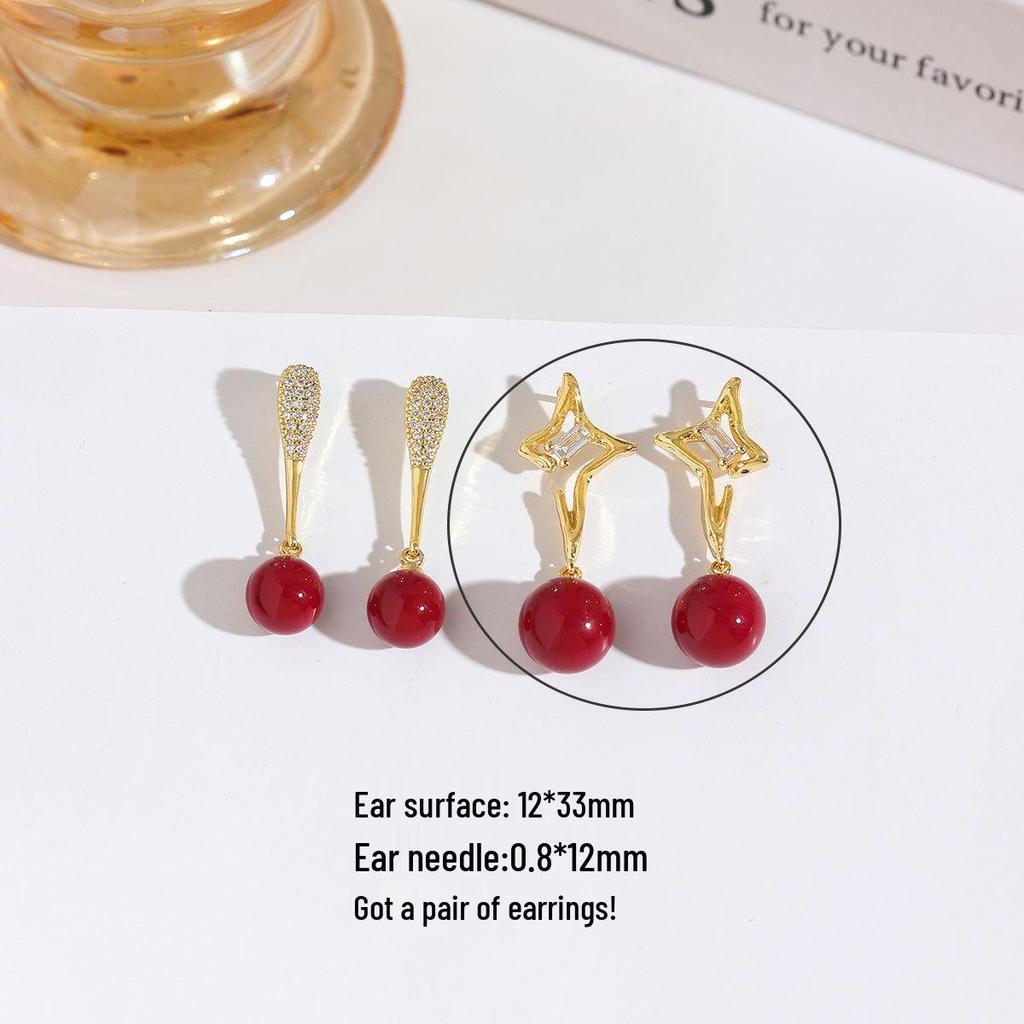 Real Gold-Plated Star Red Pearl Earrings, Light Luxury, Full Diamond Water Drop, Niche Design, Versatile for Women