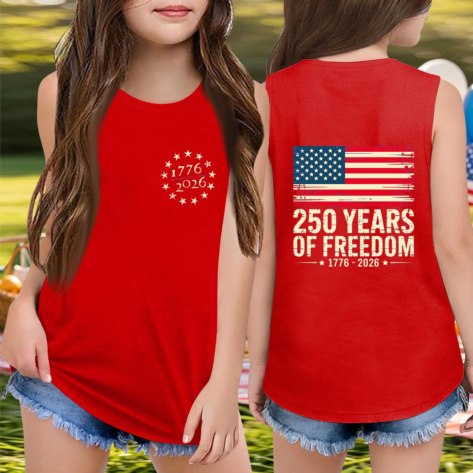 

Girls Sleeveless Loose Fit Tank Top Round Neck T Shirt Independence Day Print USA Flag Casual Summer Tee for Kids 160