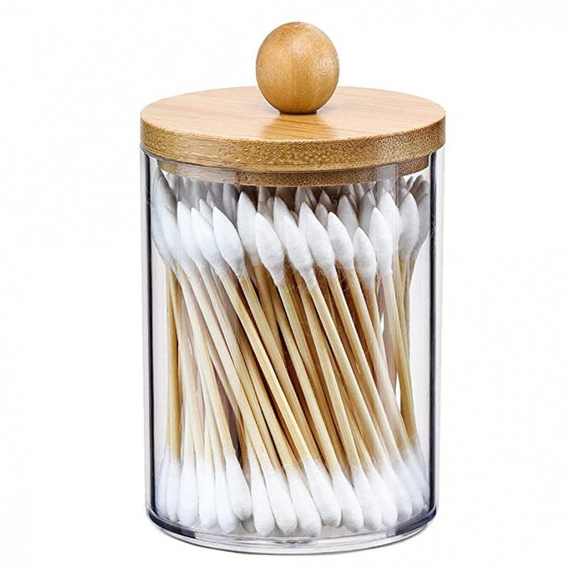 Acrylic Transparent Cotton Swab Storage Box with Bamboo Cover
