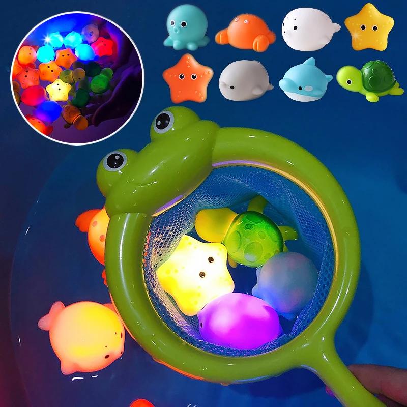 Cute Animals Bath Toy Swimming Water Led Light Up Toys Soft Rubber Float Induction Luminous Frogs For Kids Play Funny Gifts
