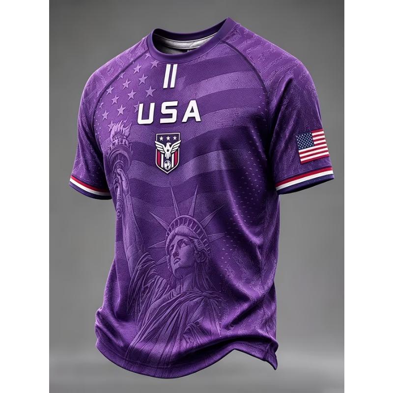 USA Football Jersey Statue of Liberty Print US Flag Eagle Badge Short Sleeve T-Shirt American National Soccer Fan Sports Tops