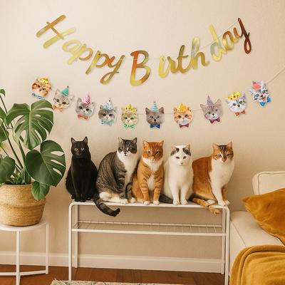 Creative Cartoon Pattern Happy Birthday Banner Paper Cute Animal Cat Garland DIY Decoration Pet Theme Banner Baby Shower