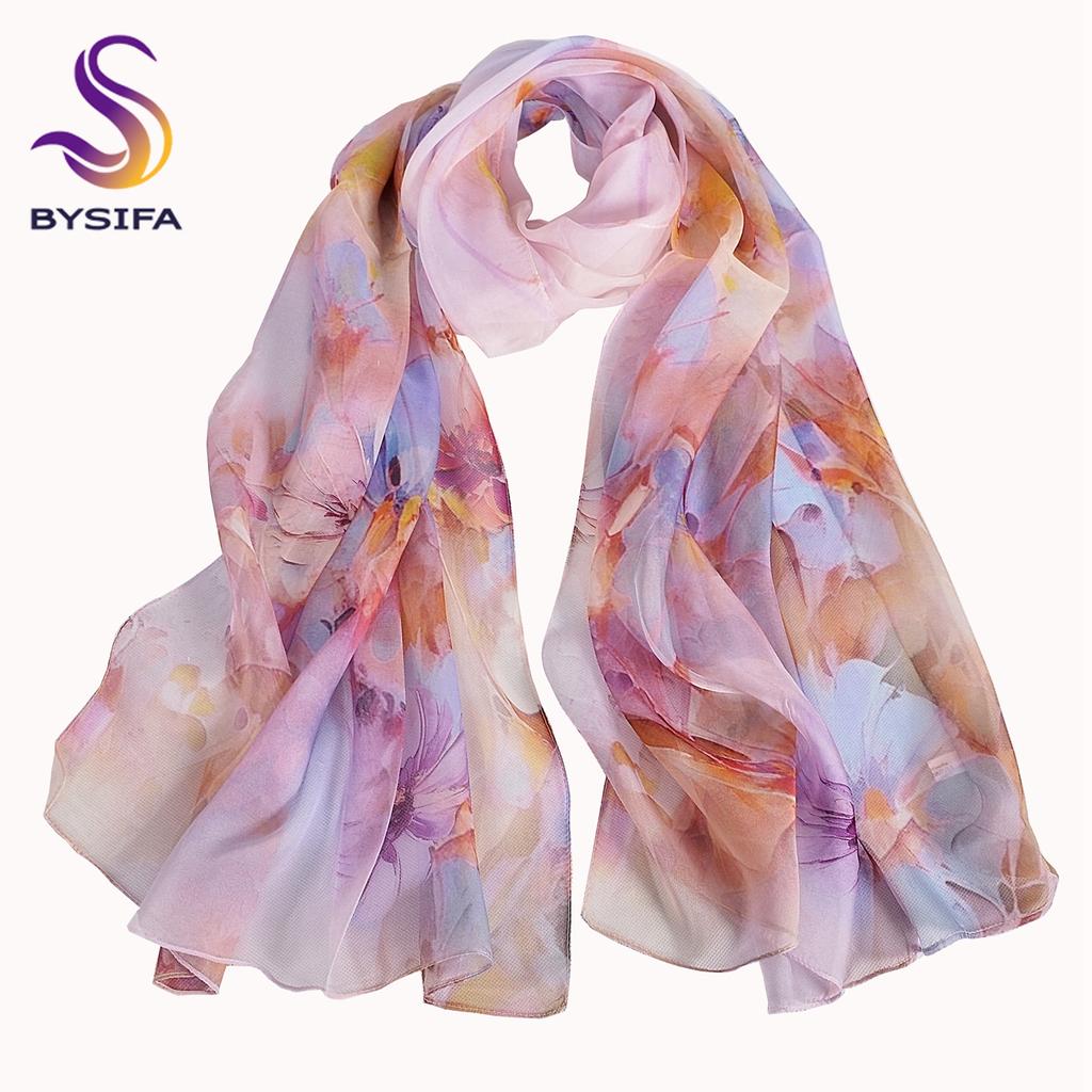 [BYSIFA] Spring Fall Purple Pink Long Silk Scarf Floral Design 100% Mulberry Silk Beach Shawl Scarf Winter Silk Scarves Echarpes