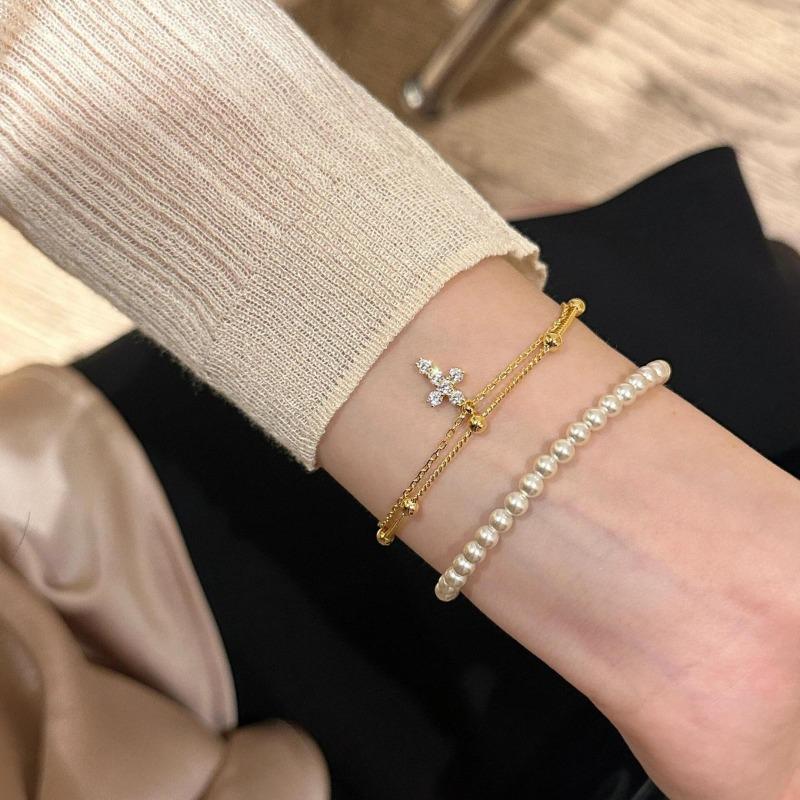 Luxury-luxurious Style Cross-shaped Round Beads Double-layered Layered Hand Chain for Women, High-end Accessory with Elegant Style
