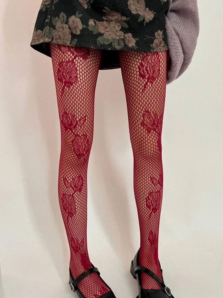 Spring and Autumn Design Women Sexy Fishing Net Stockings Nylon Rose Flower Lace Pantyhose Cool Hollow Out Anti Hook Mesh Tights
