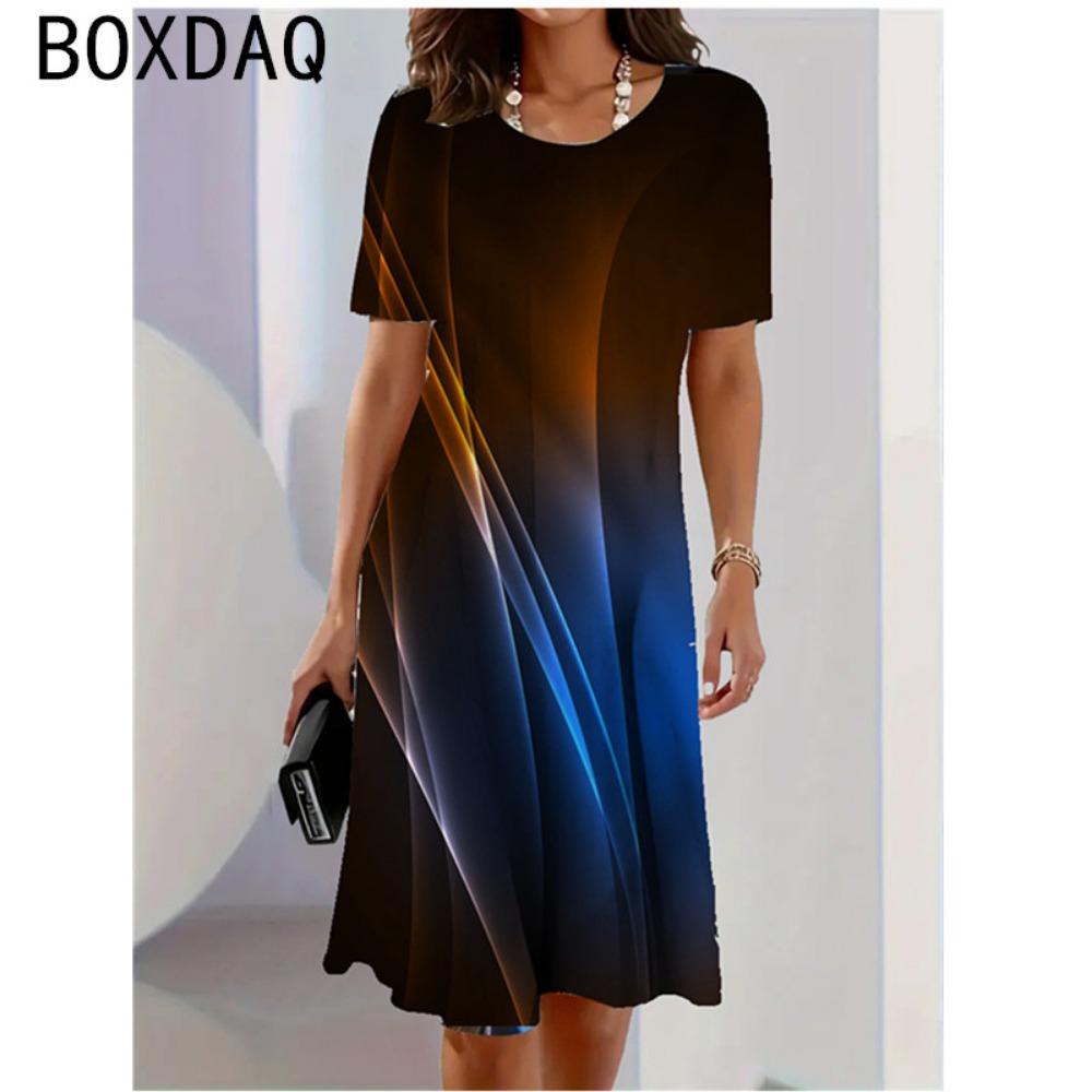 Fashion 3D Colorful Line Stripe Gradient Printed Dress Casual O-Neck Short Sleeve Loose A-Line Dress Oversized Women Clothing