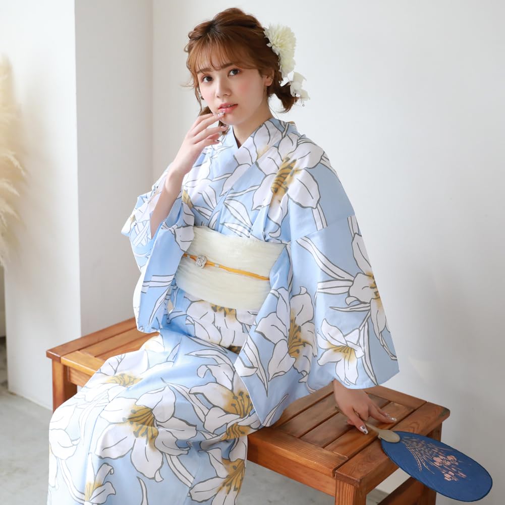 16 modele din care poți alege Set Yukata heko obi Tokimeki dragoste de vară Yukata heko obi set 2 piese crin pe lumină (2.Albastru mare)