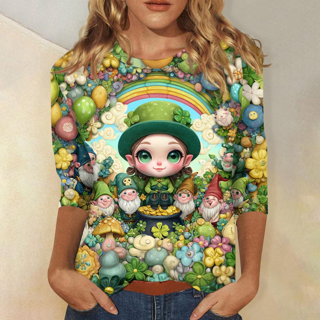 Damenoberteile Dreiviertelarmshirt Rundhalsausschnitt Lockeres Freizeitshirt Druck T-Shirt