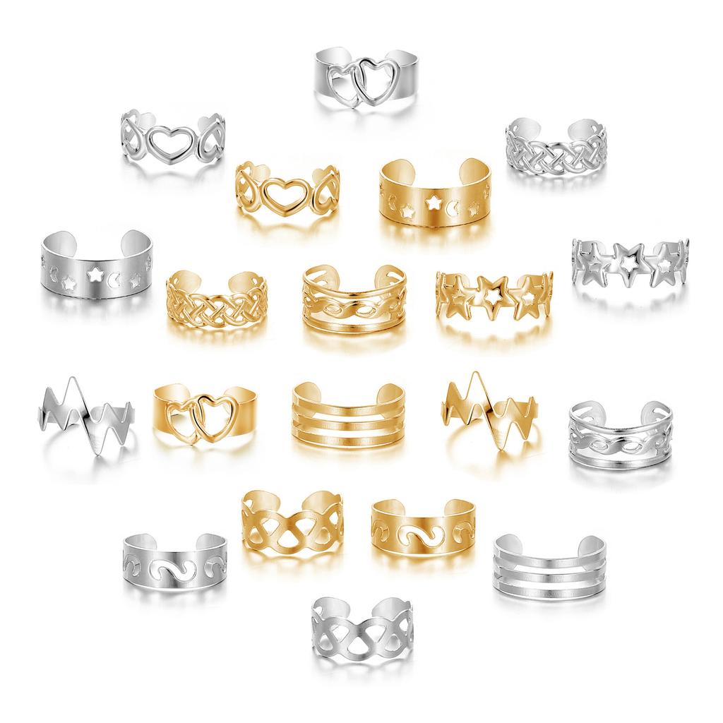 10Pcs Creative Adjustable Toe Rings Set Hollowed Heart Star Opening Toe Ring for Women Fashion Jewelry Gift Accessories