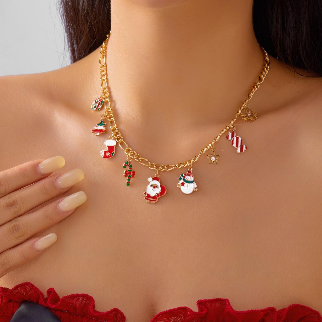 Christmas Snowflake Gingerbread Xmas Tree Pendant Necklace For Women Snowman Santa Claus Snowflake Beads Choker Party Jewelry